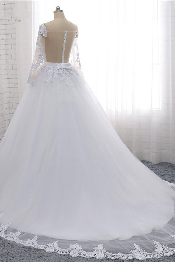 A-line Off-the-shoulder Long Sleeves Floor-length Tulle Wedding Dress With Lace 4