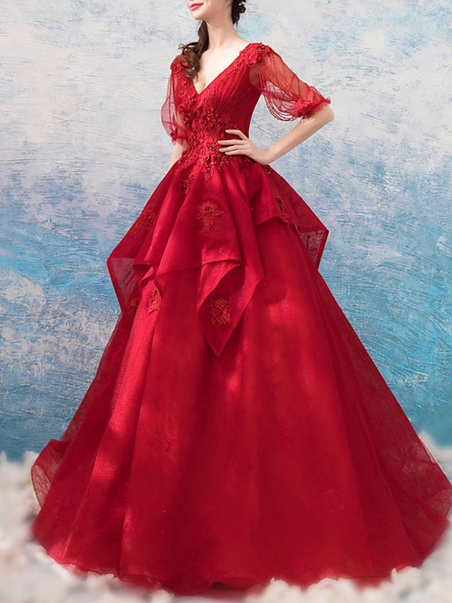 Ball Gown V-neck Half-Sleeves Floor-length Lace Bridal Dress With Lace 3