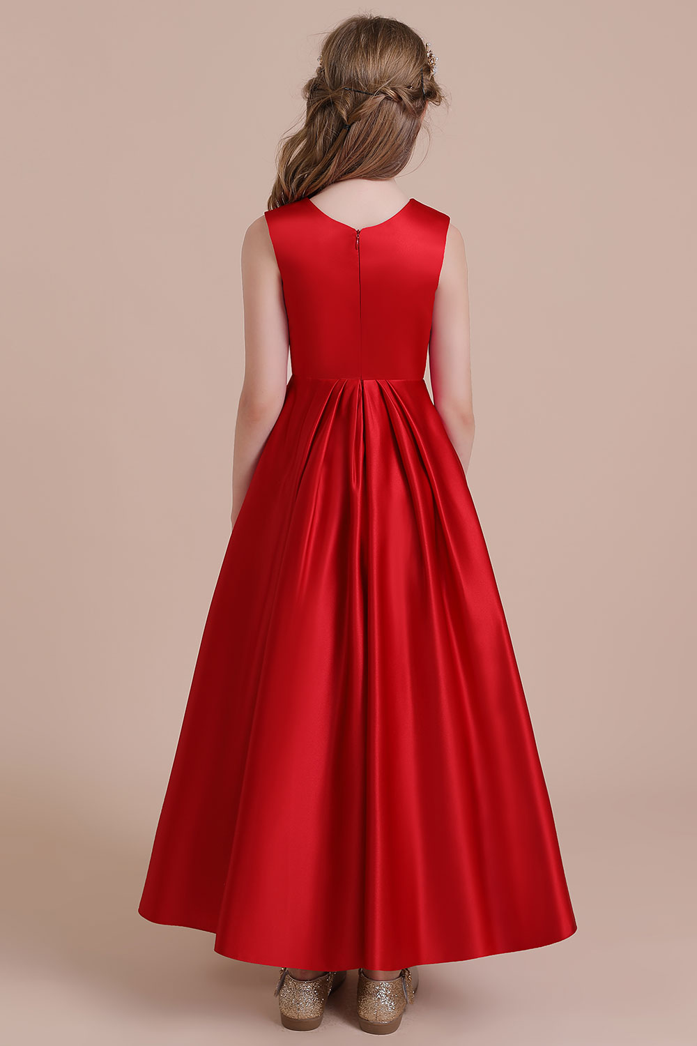 A-line Jewel Neck Sleeveless Ankle-length Satin Flower Girl Dress With Flower(s) 2