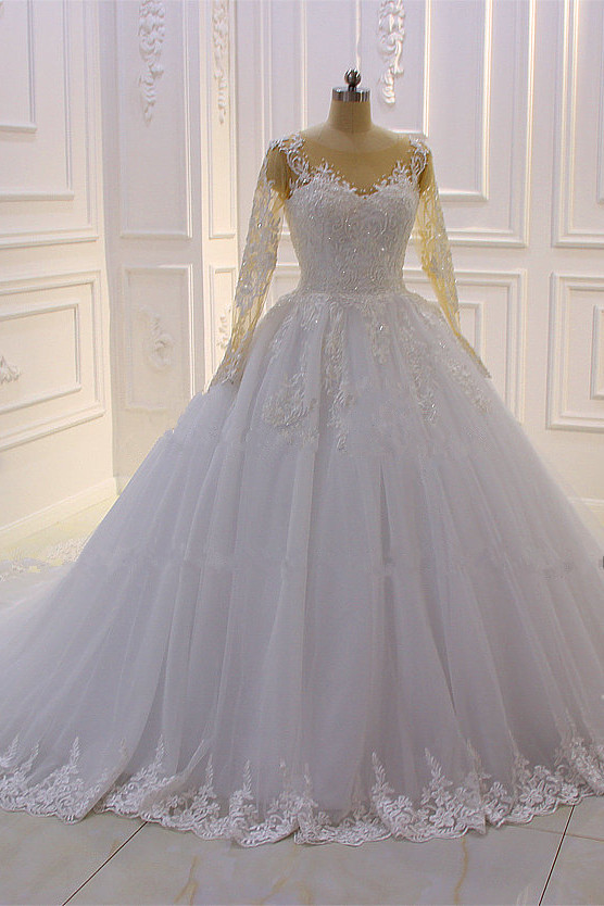Ball Gown Jewel Neck Long Sleeves Floor-length Tulle Bridal Dress With Beading 3