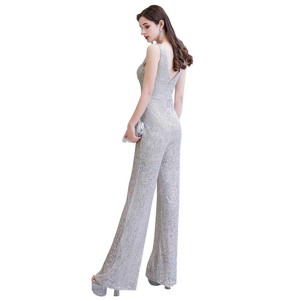 Shining V-neck Silver Sequin Sleeveless Prom Jumpsuit 26