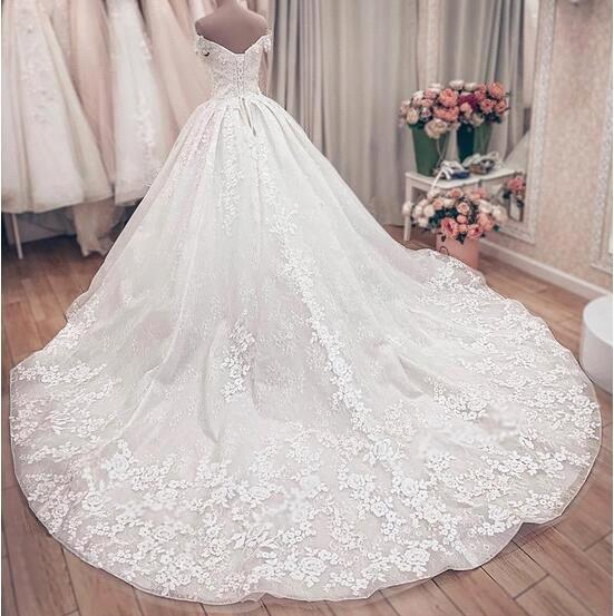 Ball Gown Off-the-shoulder Cap Sleeves Sweep / Brush Train Lace Bridal Gown With Lace 5