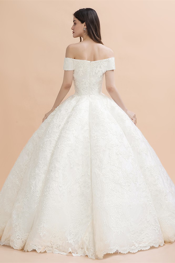 Ball Gown Off-the-shoulder Cap Sleeves Sweep / Brush Train Hard Net Wedding Gown With Appliques 2