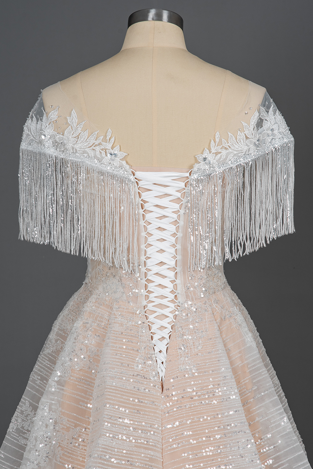 A-line Jewel Neck Short Sleeves Cathedral Train Lace Wedding Gown With Appliques 7