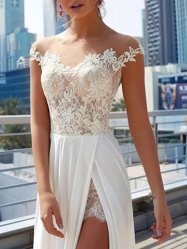 A-line Cap Sleeves Sweep / Brush Train Lace Bridal Gown With Lace 3