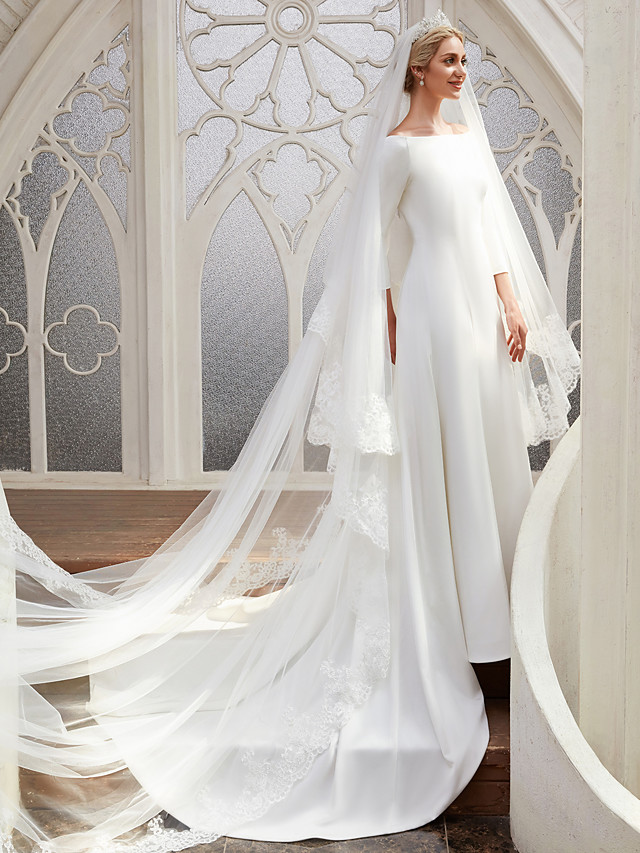 A-line Bateau Neck Floor-length Tulle Bridal Gown With Chapel Train 7