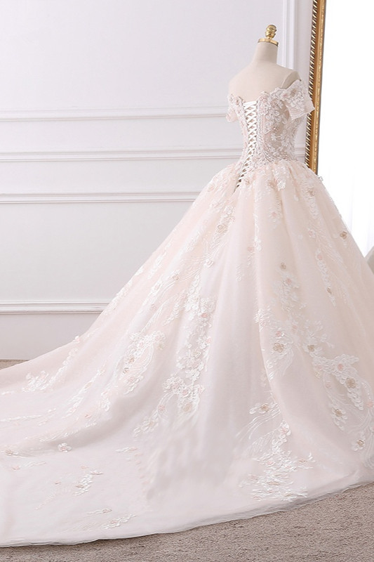 A-line V-neck Short Sleeves Floor-length Tulle Wedding Dress With Appliques 4