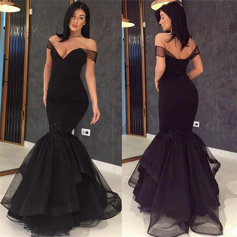 Mermaid Off-the-shoulder Sweep / Brush Train Tulle Evening Gown With Appliques 3