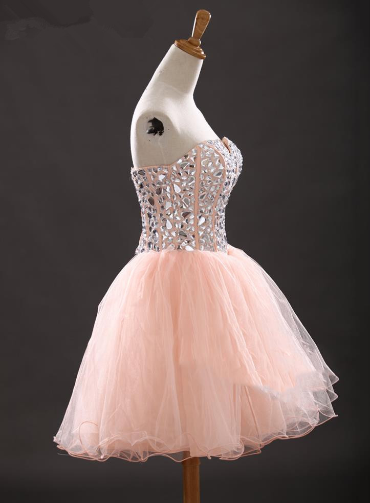 A-line Sweetheart Neck Sleeveless Mini Organza Homecoming Dress With Crystal 3