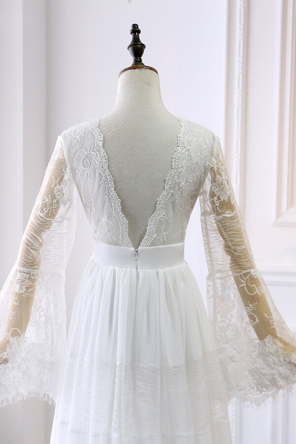 A-line V-neck Long Sleeves Court Train Tulle Bridal Gown With Lace 5
