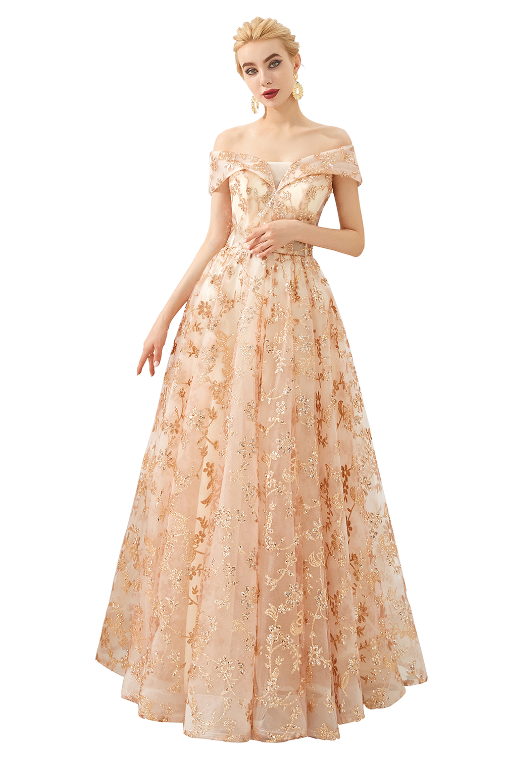 Ball Gown Off-the-shoulder Cap Sleeves Sweep / Brush Train Tulle Formal Dress With Sequins 4