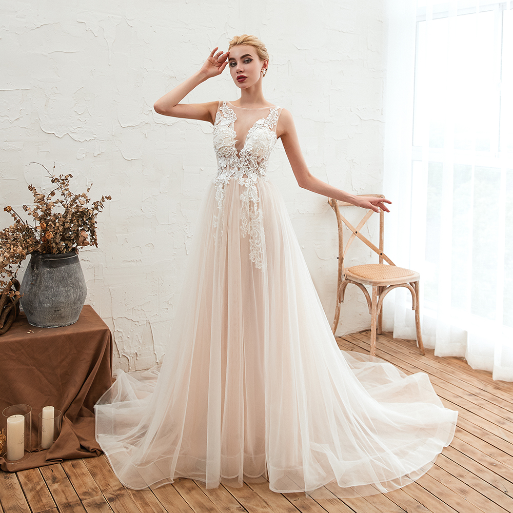 Ball Gown Jewel Neck Sleeveless Chapel Train Tulle Wedding Gown With Rhinestone 6