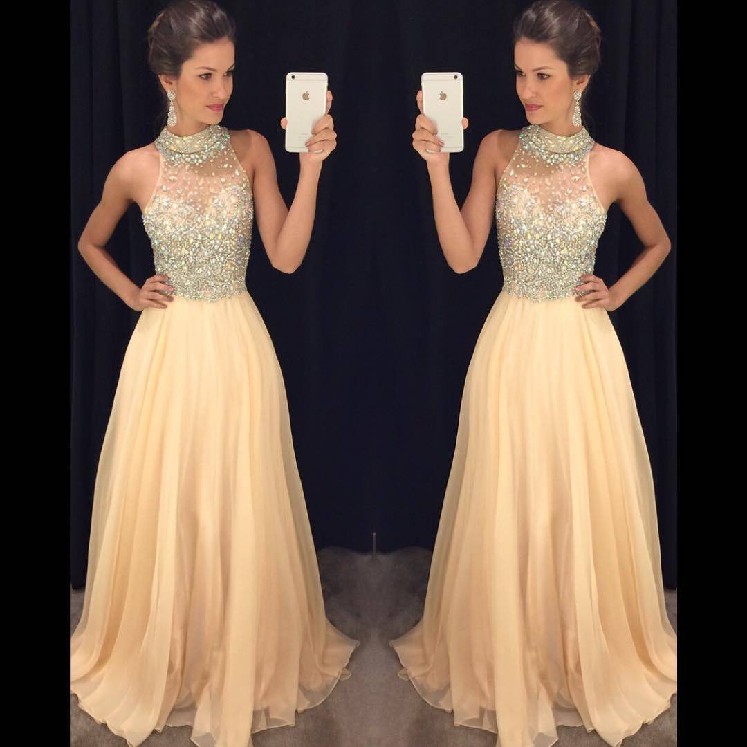 A-line Halter-neck Sleeveless Sweep / Brush Train 100D Chiffon Evening Gown With Sequins 3