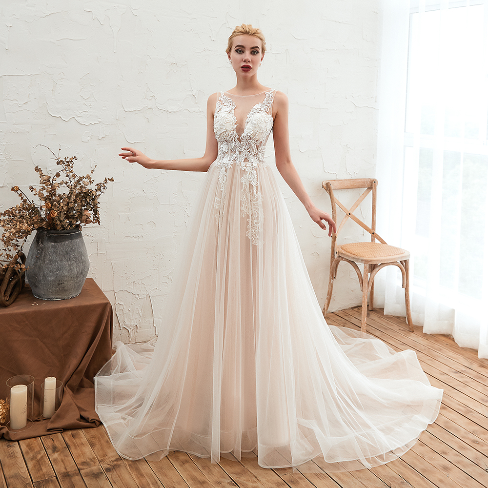 Ball Gown Jewel Neck Sleeveless Chapel Train Tulle Wedding Gown With Rhinestone 12