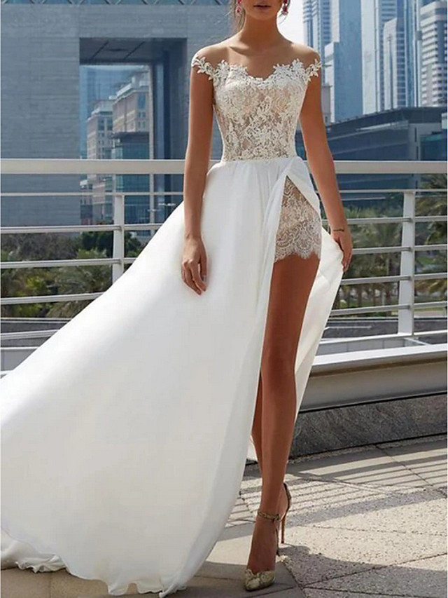 A-line Cap Sleeves Sweep / Brush Train Lace Bridal Gown With Lace 2