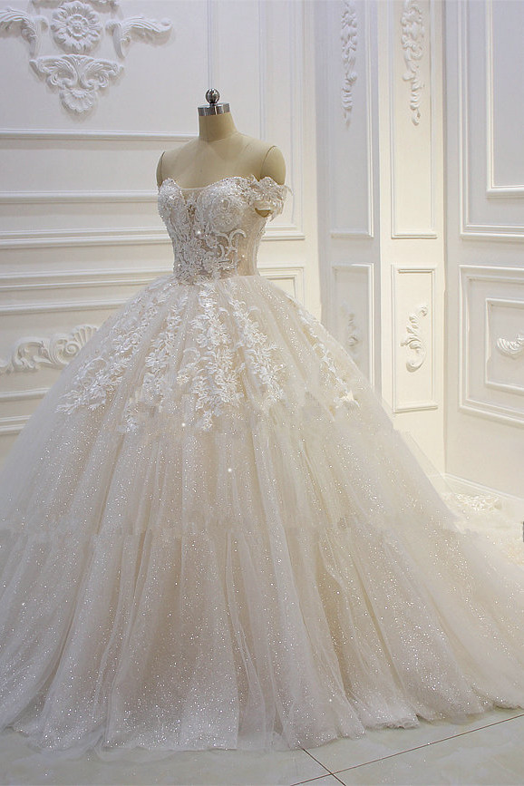 Ball Gown Off-the-shoulder Sweetheart Neck Sleeveless Floor-length Tulle Bridal Dress With Lace 2