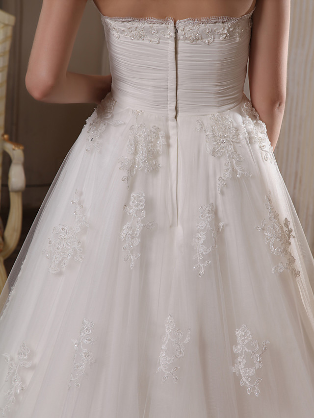 A-line Strapless Sleeveless Tulle Wedding Dress With Chapel Train 8