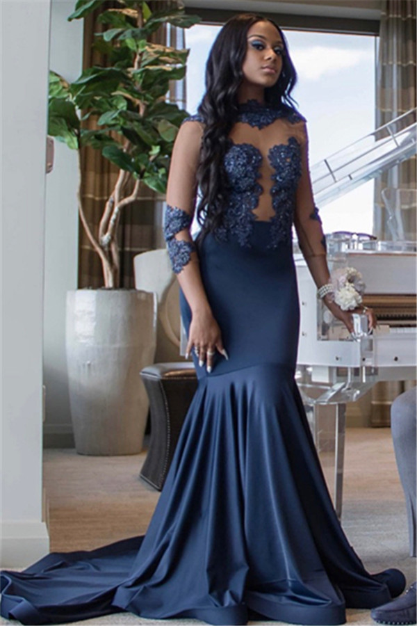 Mermaid High Neck 3/4-Length Sleeves Floor-length Elastic Silk-like Satin Formal Dress With Appliques 2