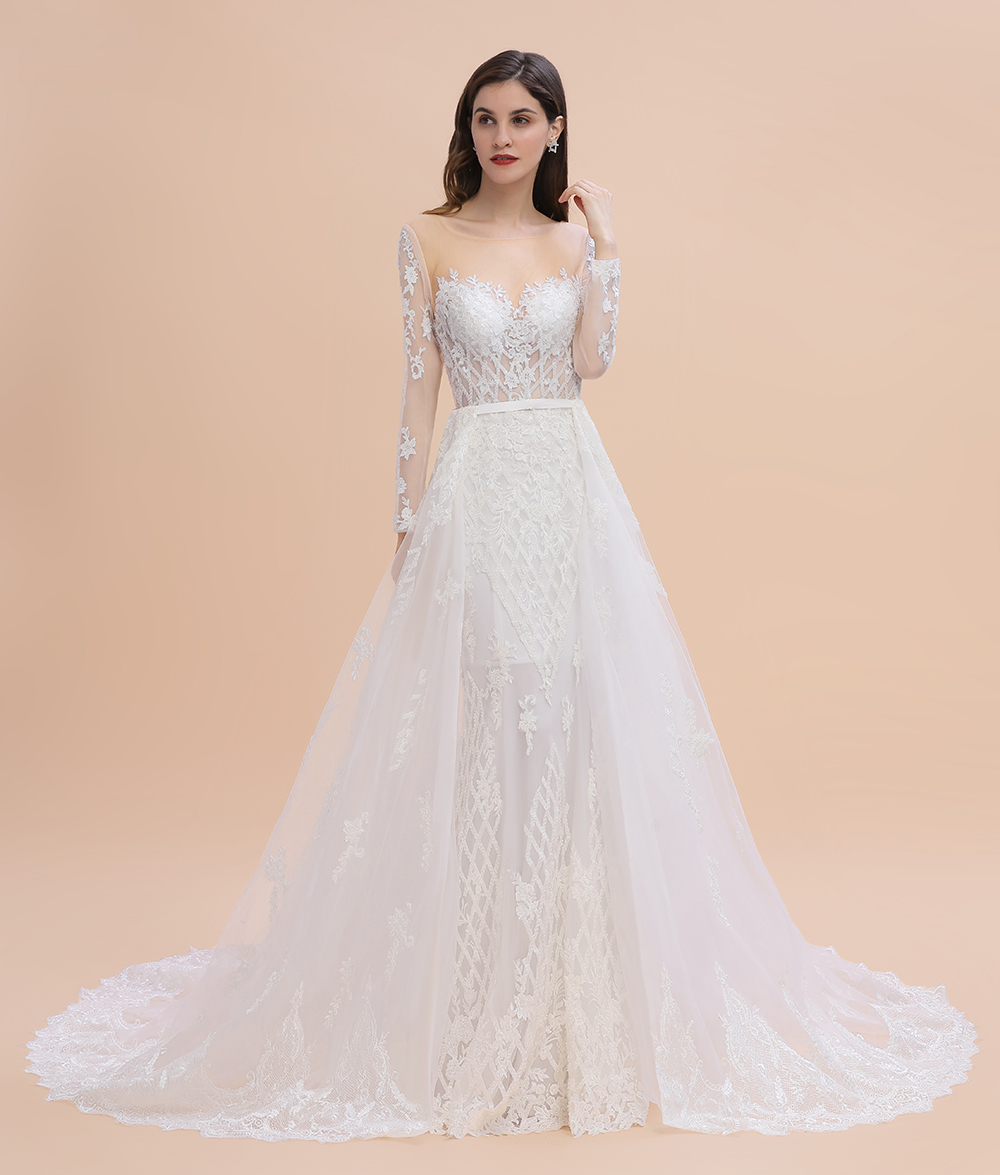 Mermaid Jewel Neck Long Sleeves Chapel Train Tulle Wedding Gown With Lace 10