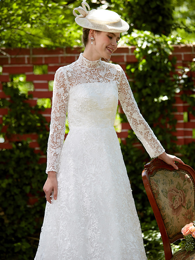A-line Long Sleeves Court Train Lace Bridal Gown With Lace 10