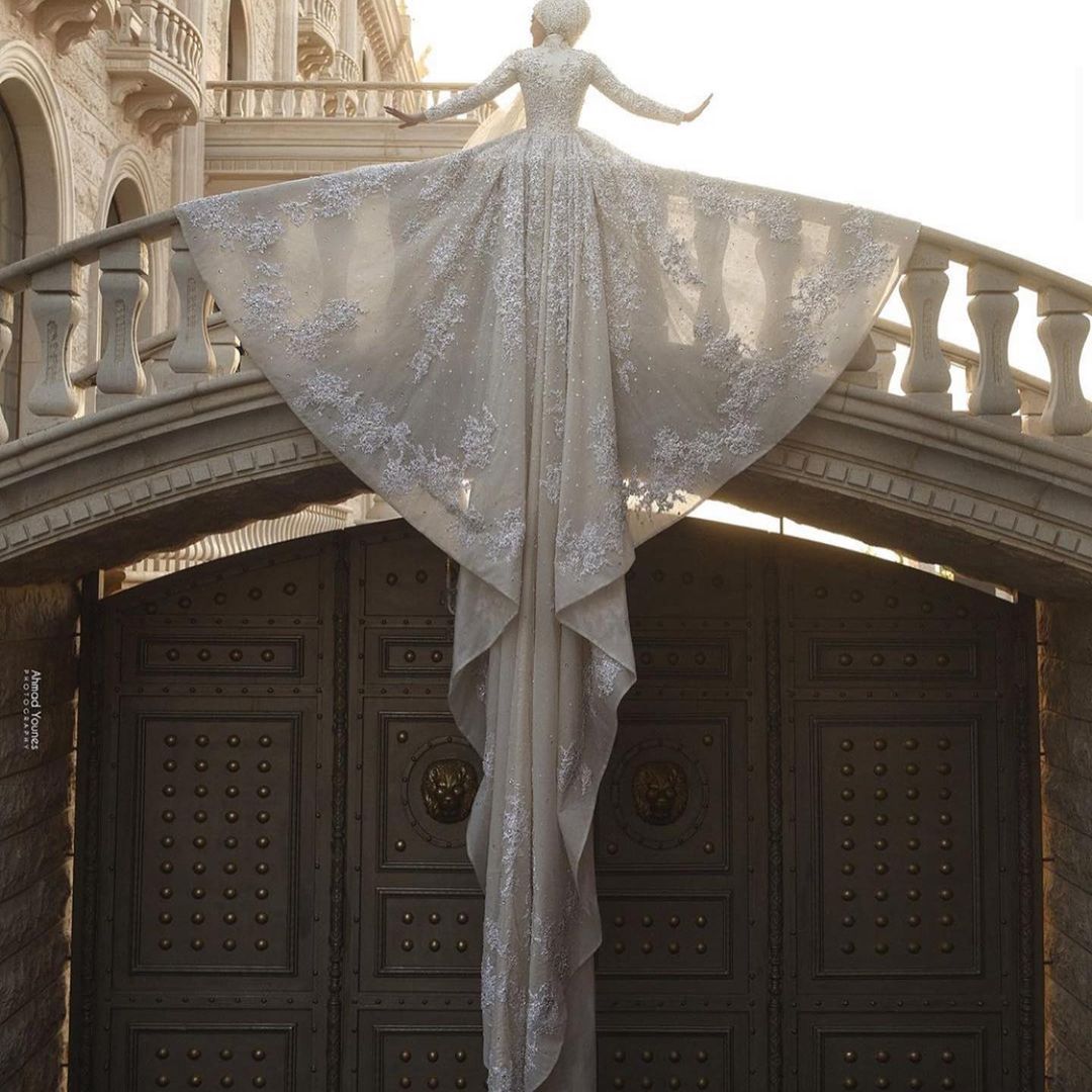 A-line High Neck Long Sleeves Sweep / Brush Train Satin Bridal Gown With Sequins 6