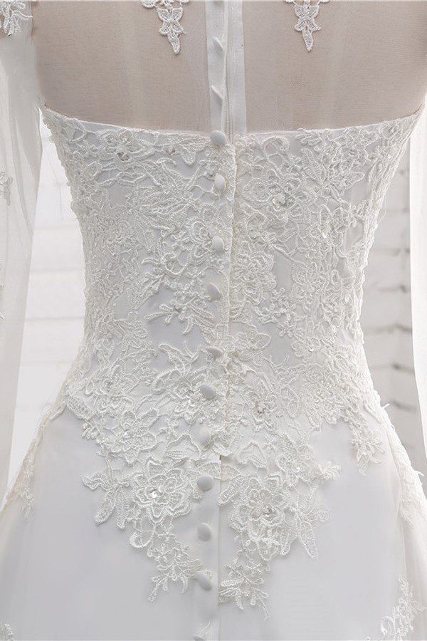 A-line Jewel Neck Long Sleeves Floor-length Tulle Wedding Dress With Lace 7