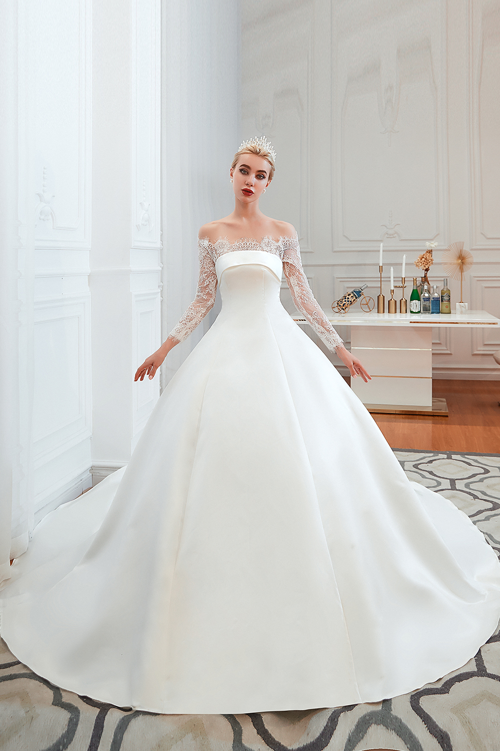 Bateau Neck Long Sleeves Cathedral Train Satin Wedding Gown With Lace 14