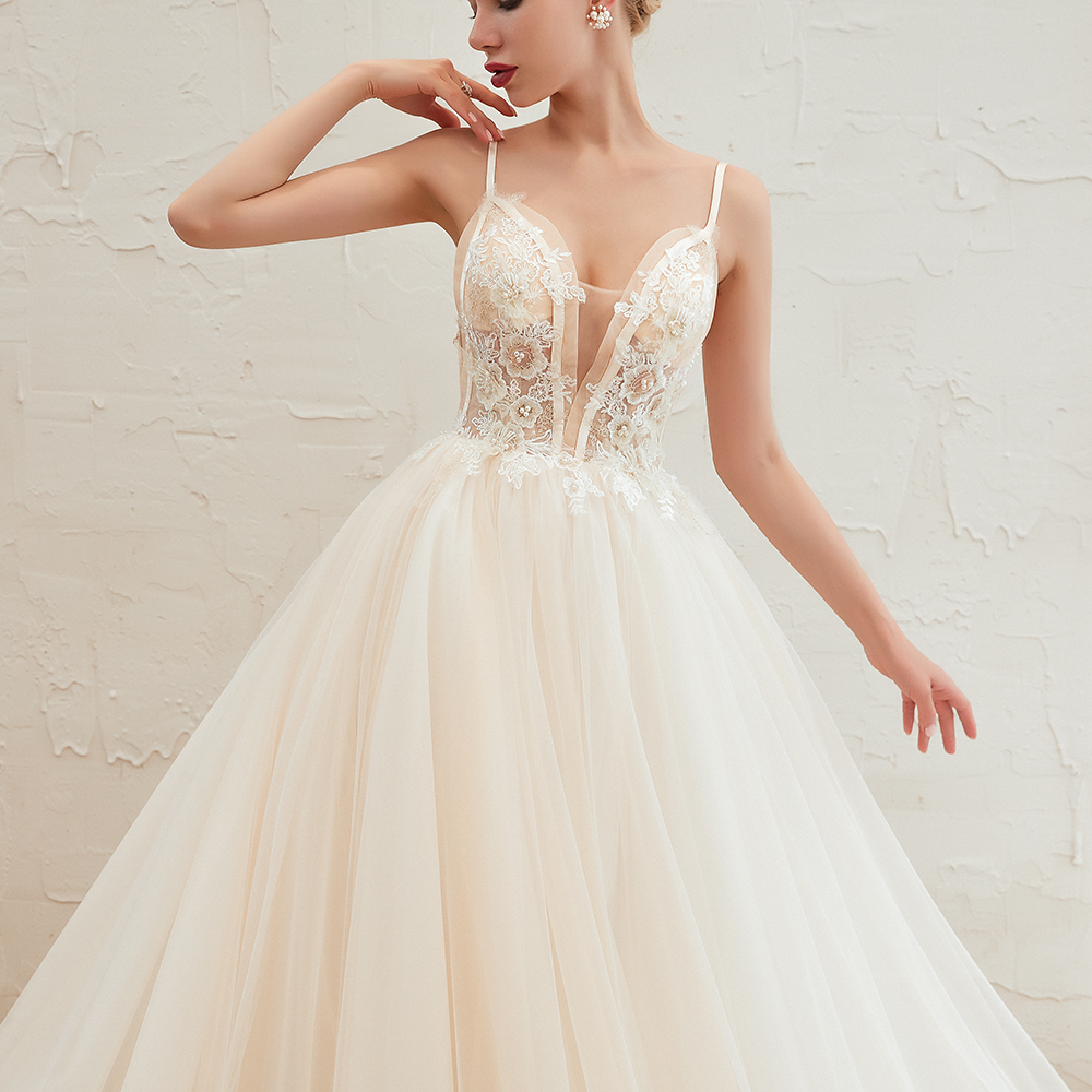 A-line Spaghetti Straps V-neck Sleeveless Cathedral Train Tulle Wedding Dress With Beading 4