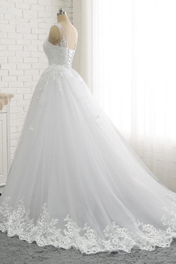 A-line Jewel Neck Sleeveless Floor-length Tulle Bridal Dress With Lace 2