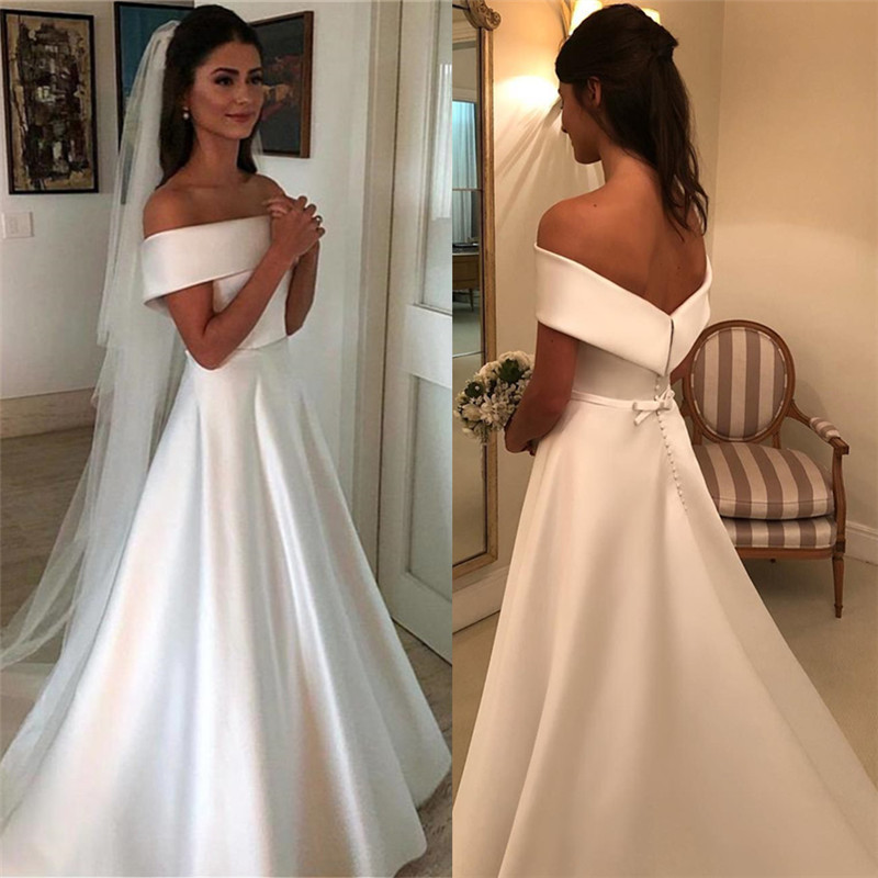 A-line Off-the-shoulder Sleeveless Sweep / Brush Train Bridal Gown With Bow 3