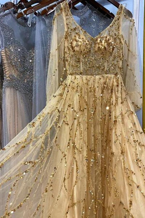 A-line Jewel Neck Long Sleeves Floor-length Formal Dress With Gilding 3