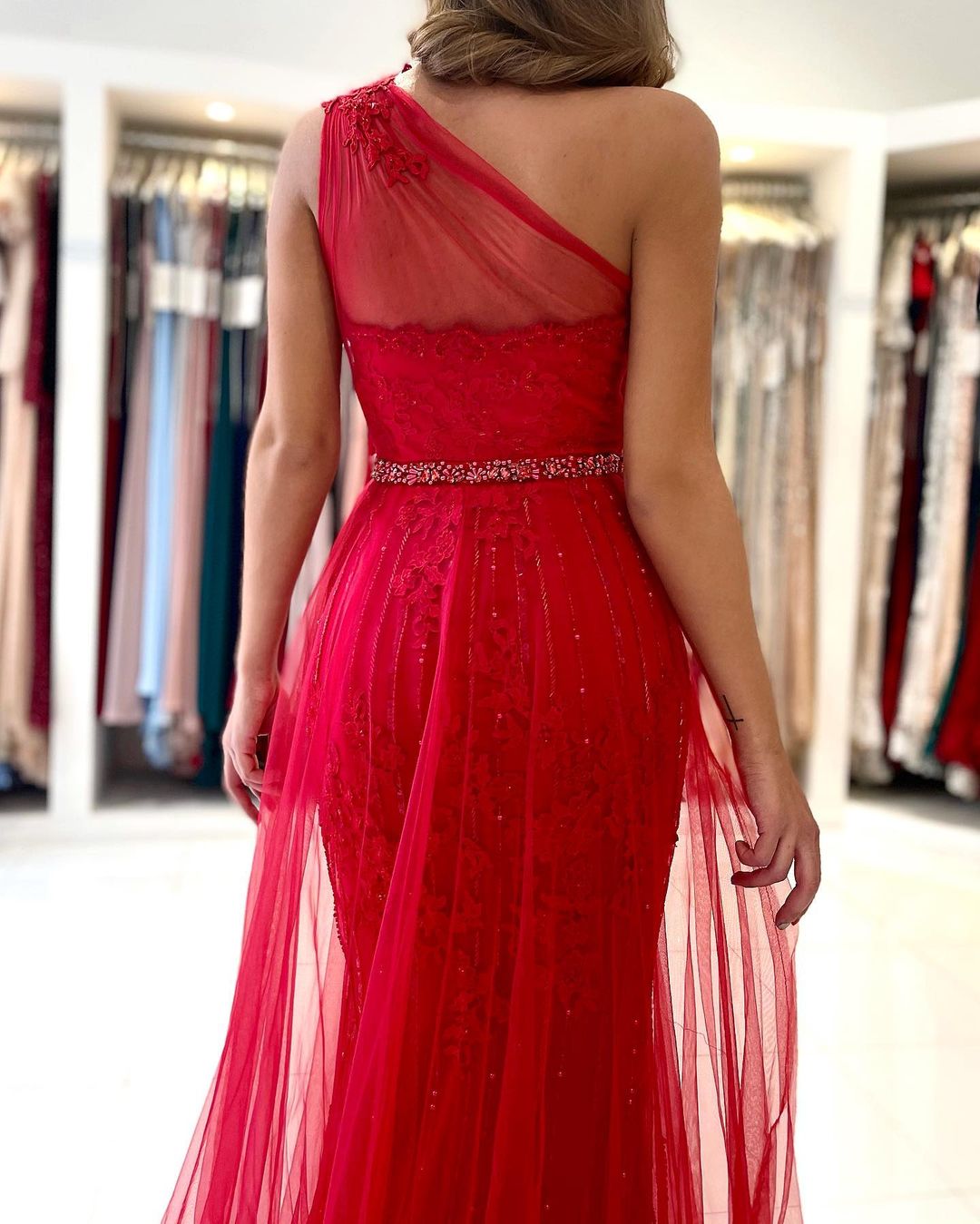 Mermaid One Shoulder Sleeveless Floor-length Lace Evening Dress With Beading 3