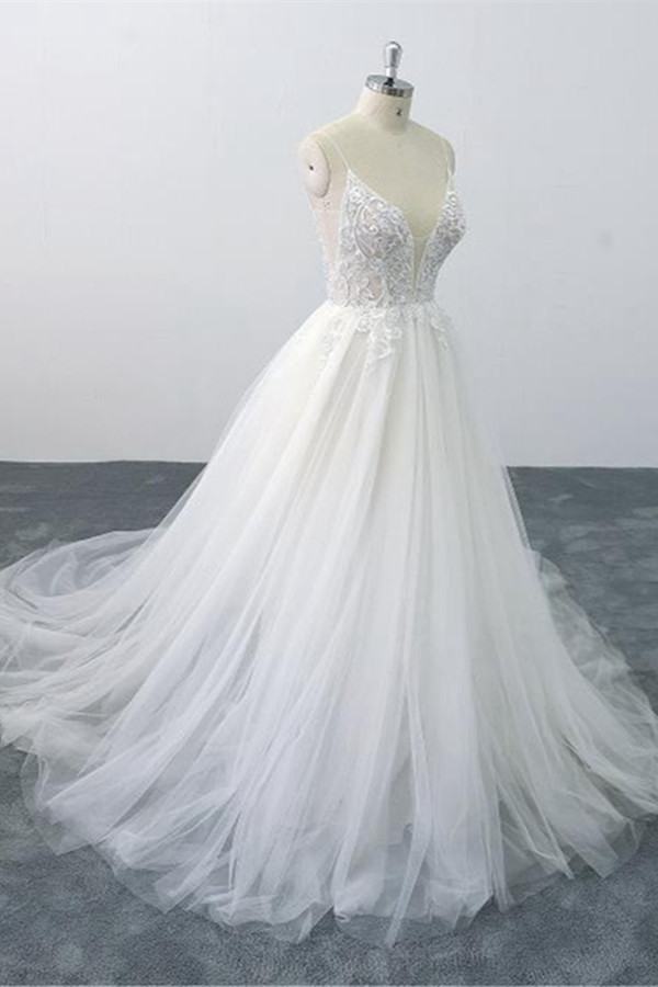 A-line Spaghetti Straps V-neck Sleeveless Floor-length Tulle Wedding Dress With Appliques 3