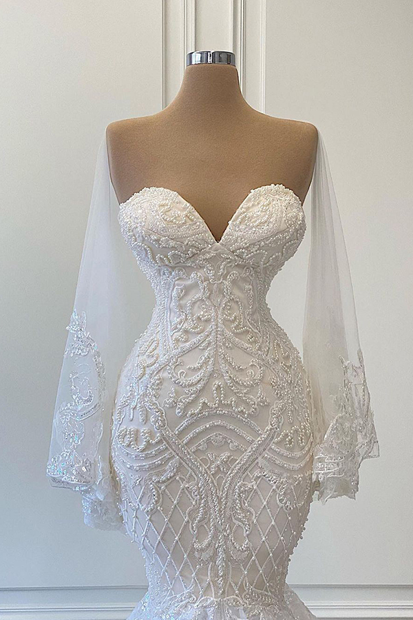Mermaid Strapless Long Sleeves Chapel Train Tulle Bridal Gown With Lace 2