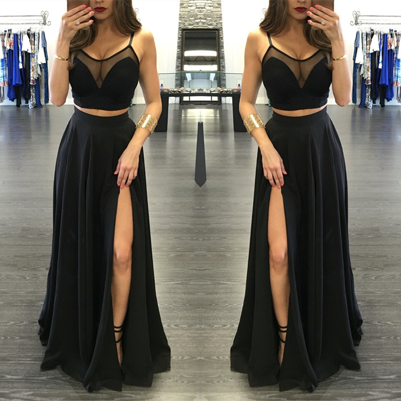 A-line Spaghetti Straps Sleeveless Sweep / Brush Train Cocktail Party Dress With Split Front 2