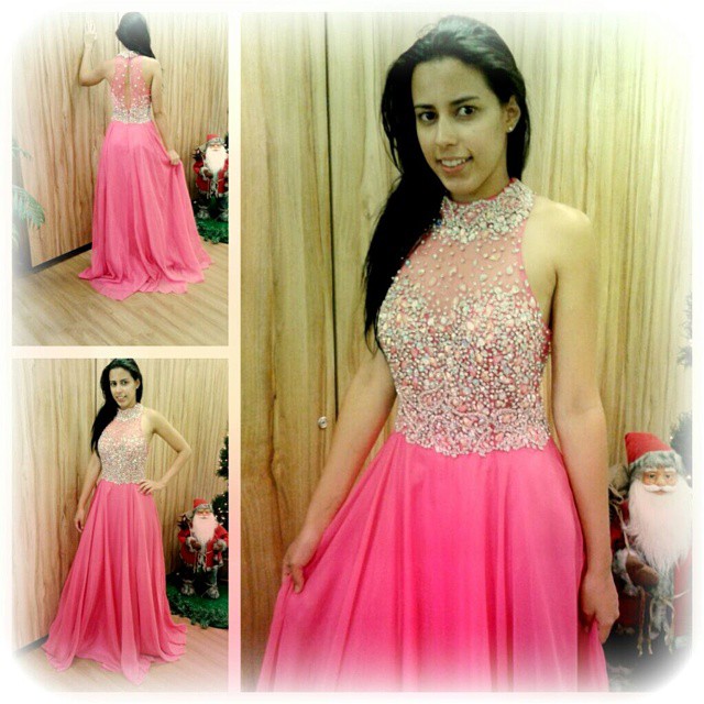 A-line Halter-neck Sleeveless Sweep / Brush Train 100D Chiffon Evening Gown With Sequins 4