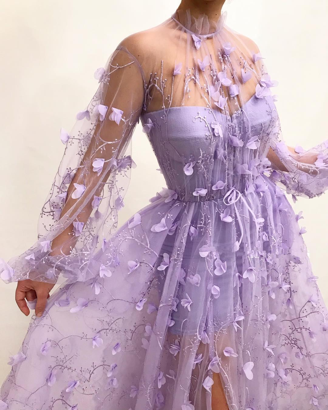 A-line High Neck Long Sleeves Floor-length Tulle Formal Dress With Flower(s) 3