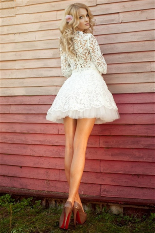 A-line Jewel Neck 3/4-Length Sleeves Mini Wedding Gown With Lace 3