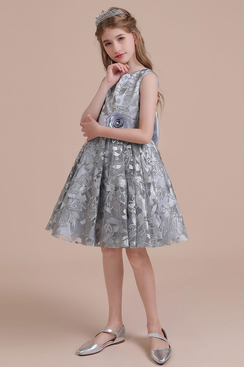 A-line Jewel Neck Sleeveless Knee-length Tulle Flower Girl Dress With Embroidery 4