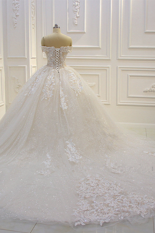 Ball Gown Off-the-shoulder Sweetheart Neck Sleeveless Floor-length Tulle Bridal Dress With Lace 3