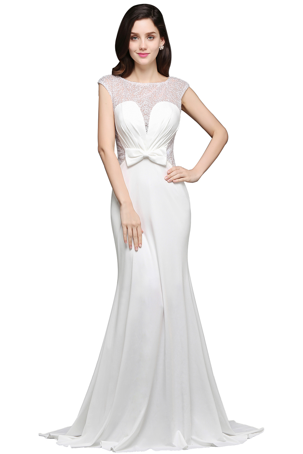 Mermaid Scoop Neck Sleeveless Sweep / Brush Train 100D Chiffon Bridal Gown With Beading 3