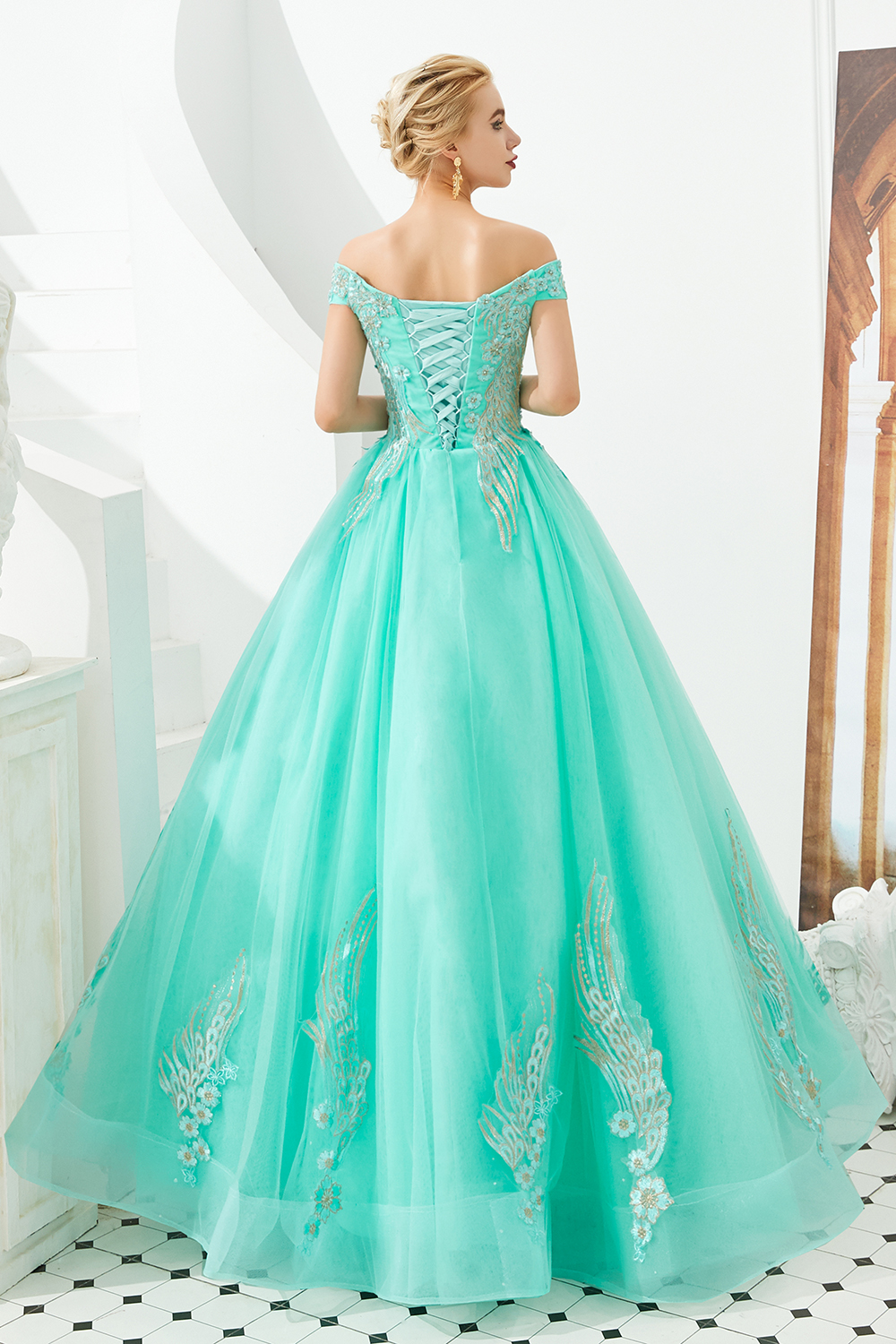 Ball Gown Off-the-shoulder Cap Sleeves Sweep / Brush Train Tulle Formal Dress With Beading 18