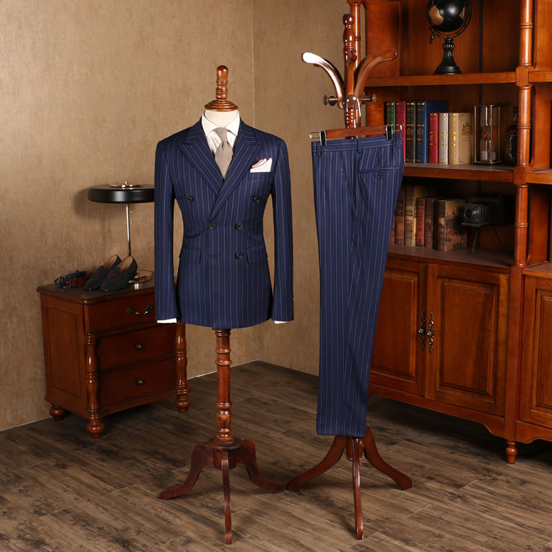 Blue Striped Double Breasted Business Suit For Men 2