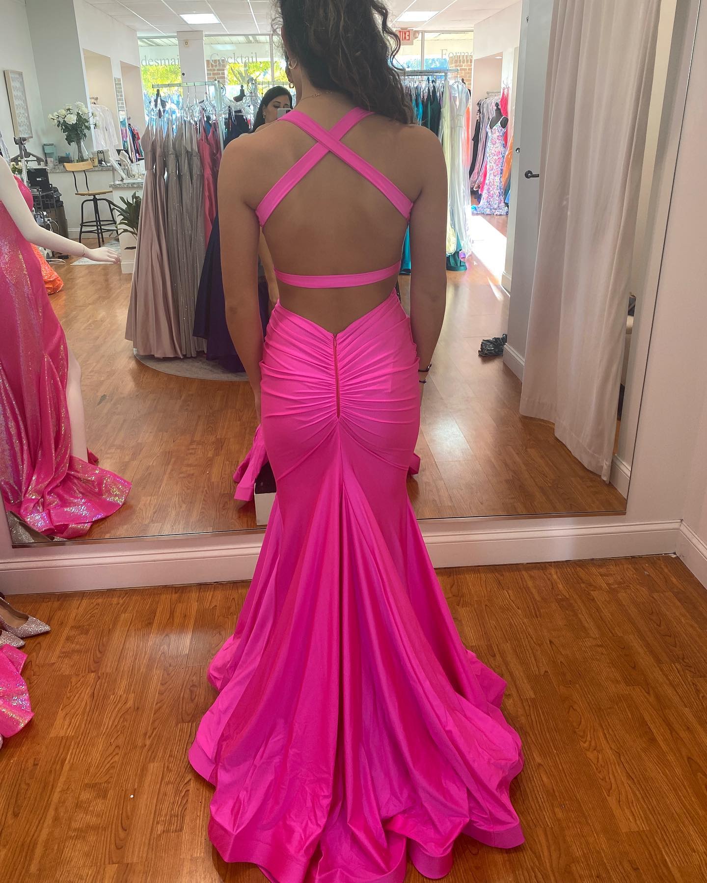 Mermaid V-neck Halter-neck Sleeveless Floor-length Satin Evening Dress With Ruffles 3