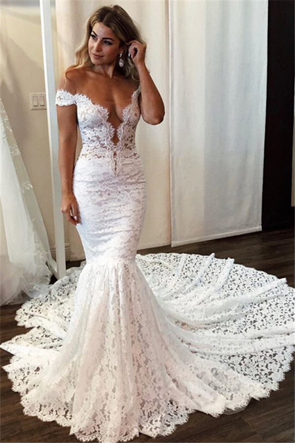 Mermaid Off-the-shoulder Sleeveless Sweep / Brush Train Wedding Gown With Lace 1