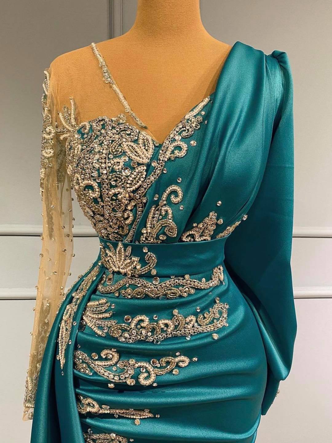 Mermaid V-neck Long Sleeves Floor-length Stretch Satin Evening Gown With Crystal 2