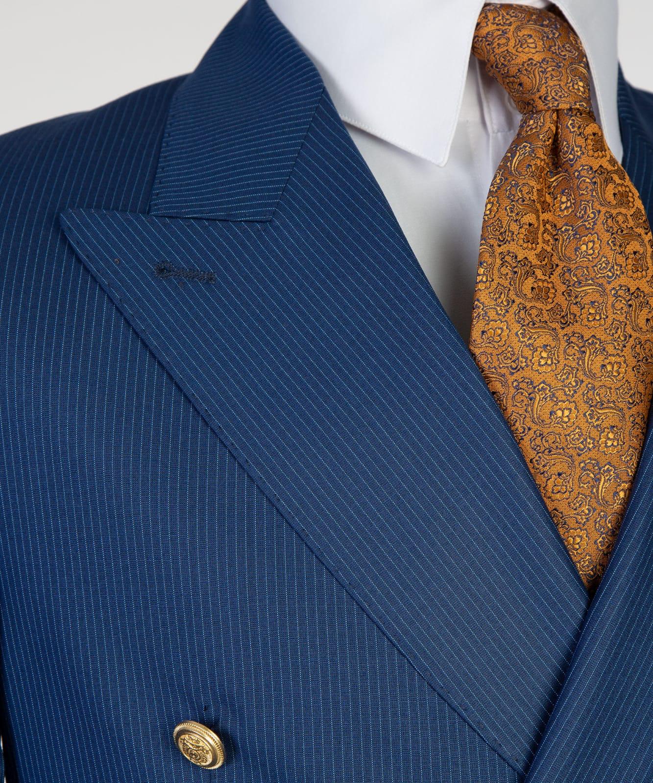 Dark Blue Stripe Double Breasted Business Men Suit with Peaked Lapel 2