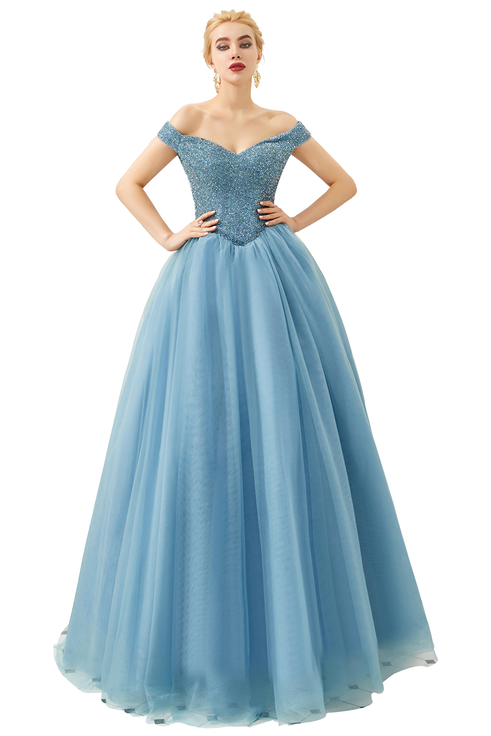 Off-the-shoulder Cap Sleeves Sweep / Brush Train Tulle Formal Dress With Beading 8