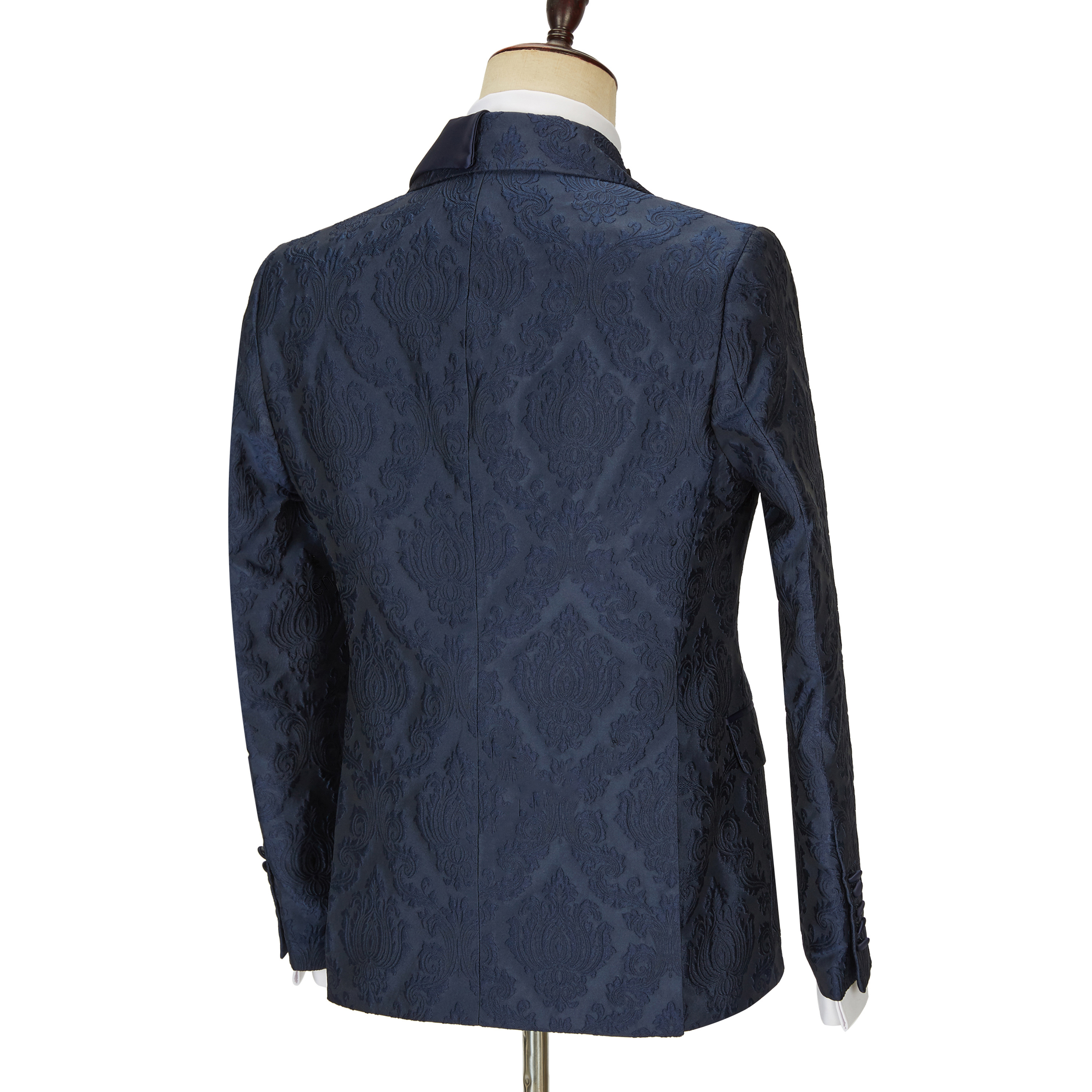 Navy Blue Jacquard Peaked Lapel Wedding Men Suit 3