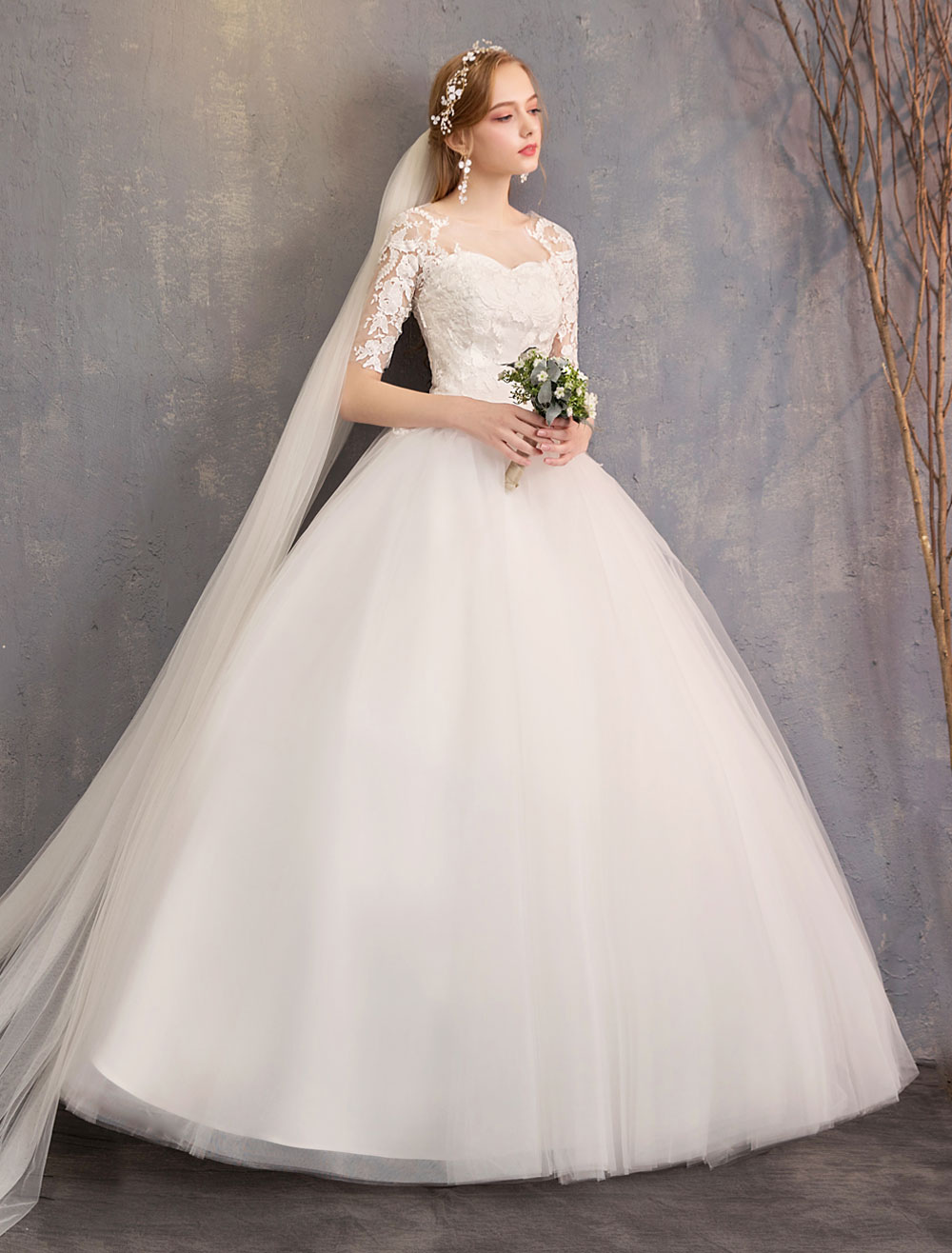 Half-Sleeves Floor-length Lace Wedding Dress With Lace 5
